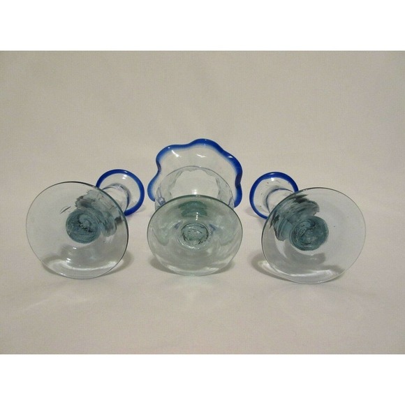 Hand Blown Recycled Mexican Glass Cobalt Blue Rim Candle Holder Set 3 - Picture 5 of 7